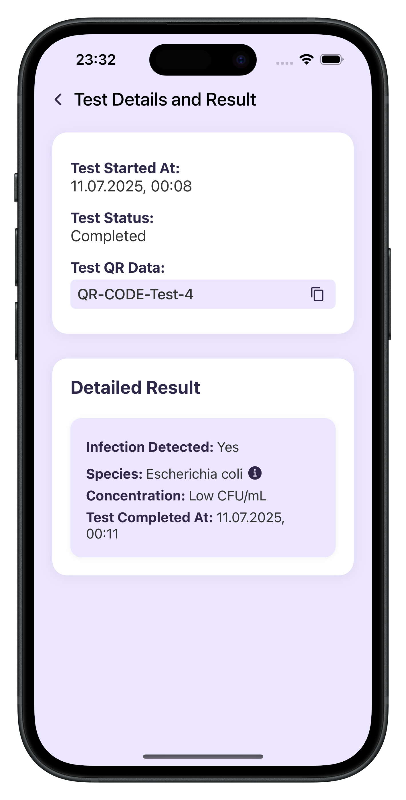 BugSense app showing test results
